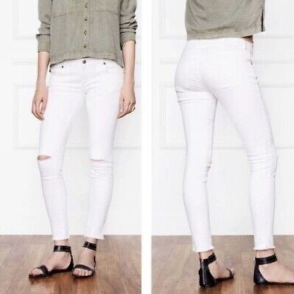 Anine Bing White Busted Knee Raw Hem Skinny Jeans Sz 26